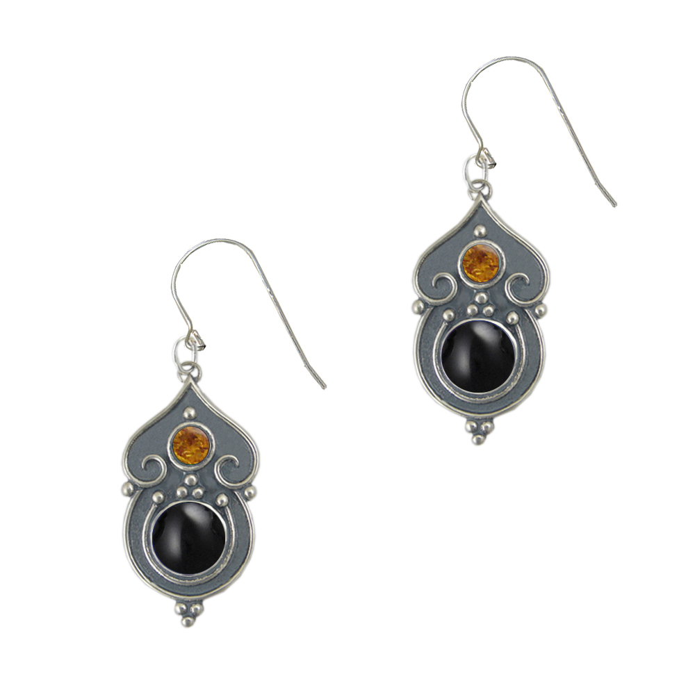 Sterling Silver Gothic Inspired Drop Dangle Earrings With Black Onyx And Amber